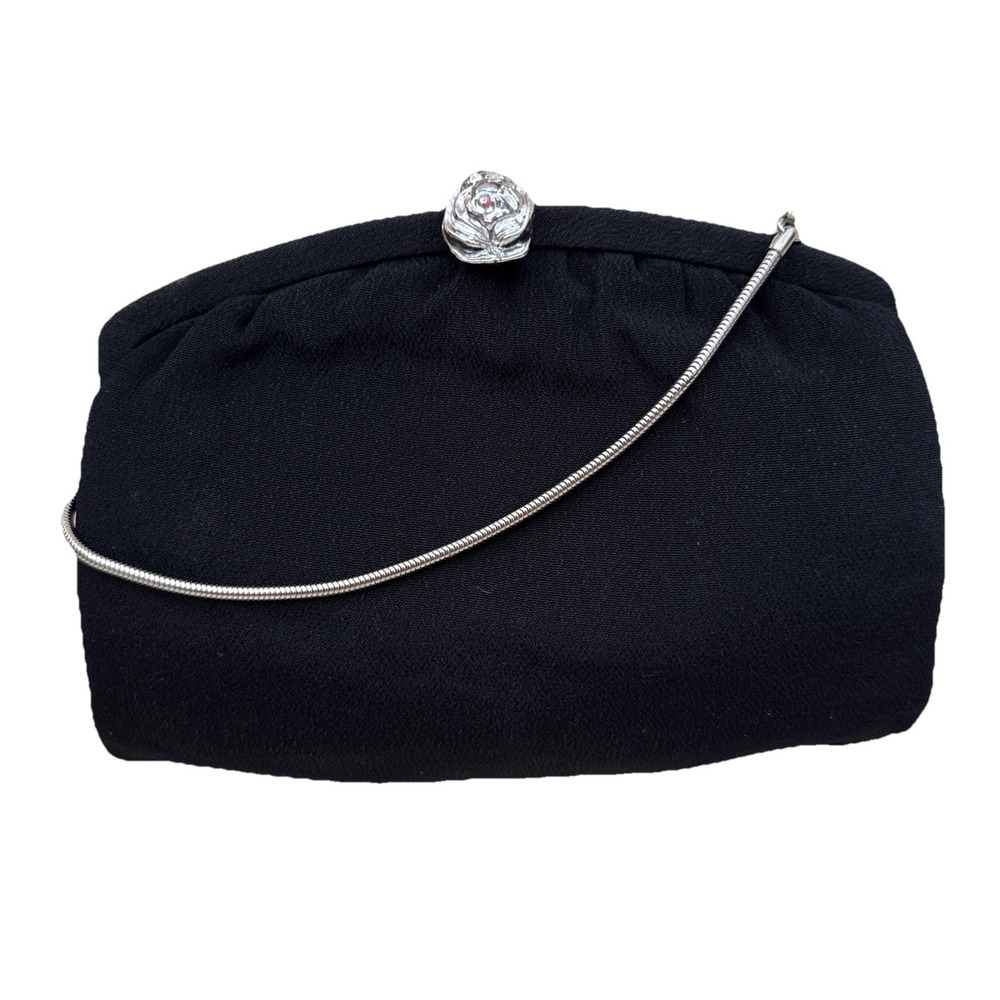 VTG‎ Clutch Bag Purse Black Evening Wedding Bag Silver Tone Rose Bud By Admiral